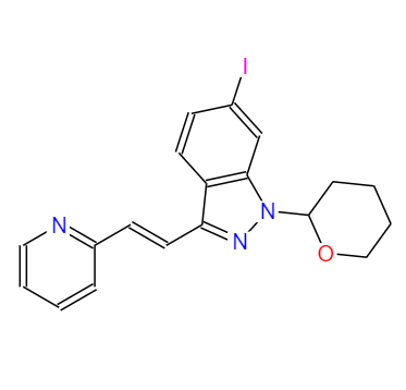 CAS：886230-77-9，中文名稱： (E)-6-碘-3-[2-(吡啶-2-基)乙烯基]-1-(四氫-2H-吡喃-2-基)-1H-吲唑